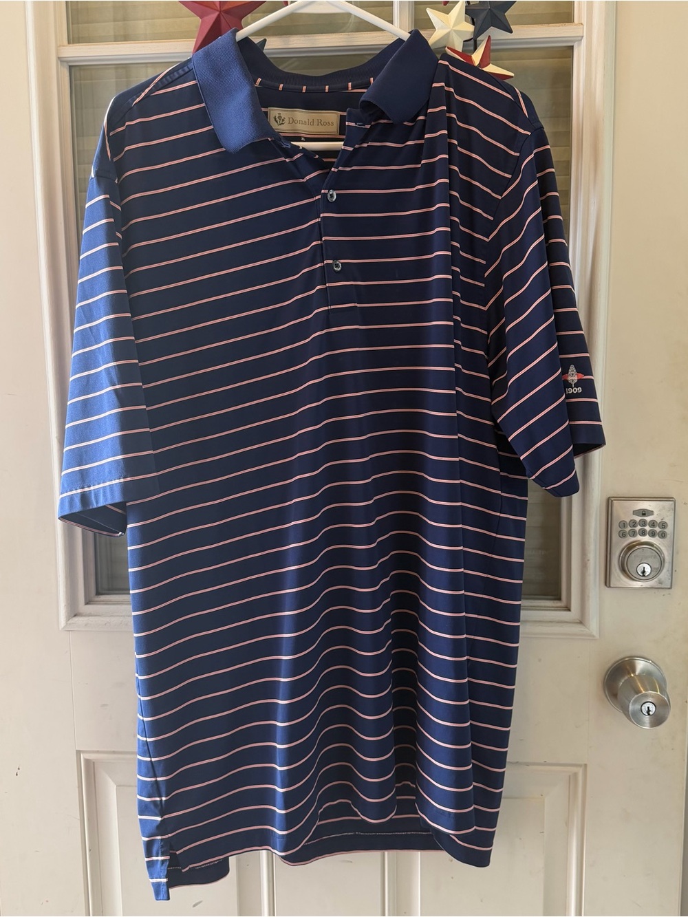 Donald Ross Men's Navy Polo with Pink Stripes